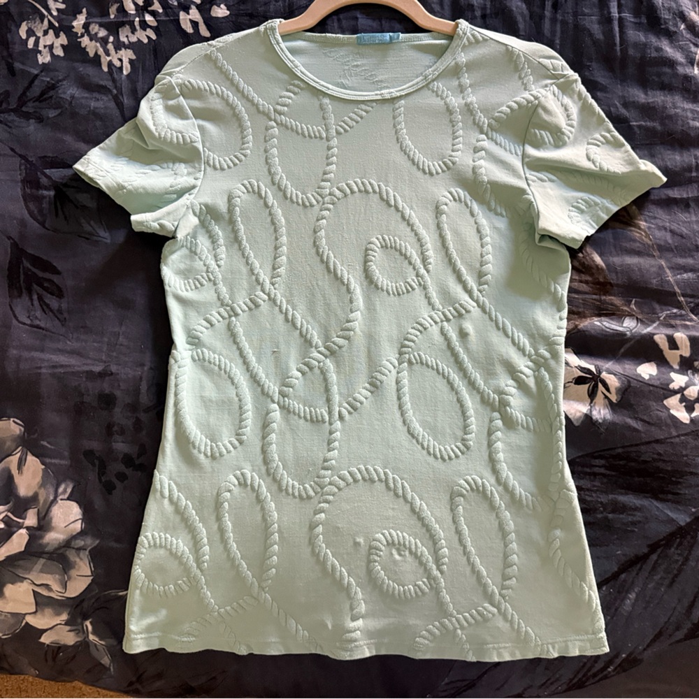 J. McLaughlin pale blue Aqua Short Sleeve Top nautical embossed ropes